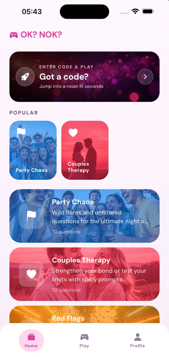The OK or NOK home screen, showing the Party Chaos and Couples Therapy decks
