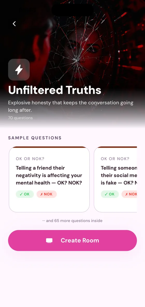 The Unfiltered Truths deck screen, showing sample questions and a Create Room button